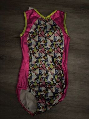 Bright Pink foil Geometric Gymnastics Leotard with Lime Trim